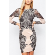 Lace Texture Print Long Sleeve Bodycon Mini Dress