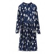 Stand Up Neck Floral Print Long Sleeve Midi Dress