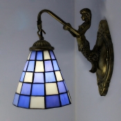 Bronze Mermaid Base Blue Colored Downward Tiffany Wall Sconce