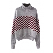 High Neck Long Sleeve Stripe Print Sweater