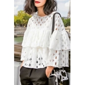 Lace Hollow Out Ruffle Detail Layered Plain Blouse