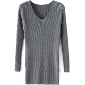 V-Neck Long Sleeve Plain Bodycon Long Sweater
