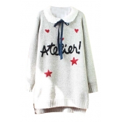 Lace Lapel Long Sleeve Letter Embroidery Sweater