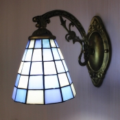 Blue Colored Downward Tiffany Wall Sconce with Blue and White Grid Pattern