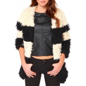 Open Front Stripe 3/4 Length Sleeve Faux Fur Coat