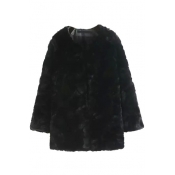 Black Faux Fur Open Front Long Sleeve Coat