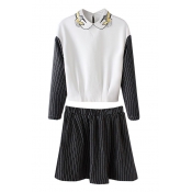 Lapel Color Block Long Sleeve Top with Stripe Mini Skirt