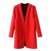 Collarless Long Sleeve Open Front Red Coat