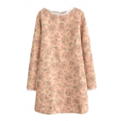 Round Neck Long Sleeve Ruffle Detail Floral Dress
