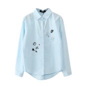 Blue Button Down Embroidery Long Sleeve Shirt