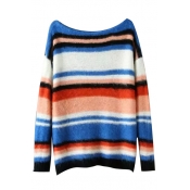 Boat Neck Colored Stripes Long Sleeve Fluffy Knit Sweater