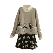 Round Neck Cat Embroidery Long Sleeve Top with Mini Skirt