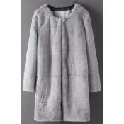 Gray Faux Fur Long Open Front Plain Collarless Coat