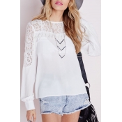 Round Neck Long Sleeve Lace Detail White Blouse