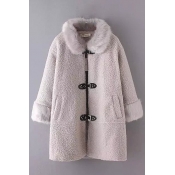 Fur Lapel PU Belt Button Lamb Wool 3/4 Length Sleeve Coat