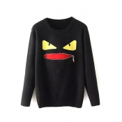 Monster Print Zip Mouth Detail Long Sleeve Sweater