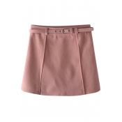Belt Waist Plain A-Line Mini Tweed Skirt