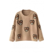 Round Neck Bear Patchwork Long Sleeve Sweater