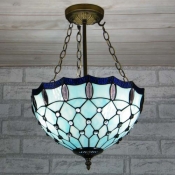 Romantic Blue Stained GlassTiffany Three-light Chandelier in Bowl Shade