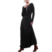 Cross Tie Front Long Sleeve Black Maxi Dress