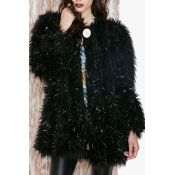 Collarless Black Long Sleeve Faux Fur Single Button Coat