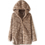 Faux Fur Single Breasted Hooded Brown Coat