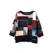 Round Neck 3/4 Length Sleeve Patchwork Sweater