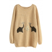 Round Neck Long Sleeve Elephant Embroidery Sweater