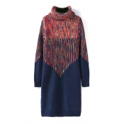 High Neck Jacquard Color Block Maxi Knit Dress