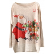 Christmas Santa Claus Print Scoop Neck Long Sleeve Sweater