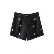 Little Flower Embroidery Tweed Black Loose Shorts