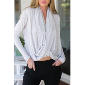 Gray Wrap Front Long Sleeve Blouse