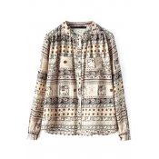 Stand Up Neck Long Sleeve Double Pockets Tribal Print Shirt