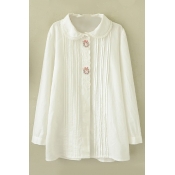 Lapel Long Sleeve Embroidery Button Down Lace Hem Shirt
