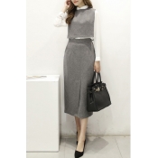 Gray Sleeveless Round Neck Midi Tweed Dress