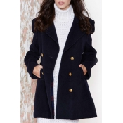 Double Breasted Notched Lapel Plain Long Coat