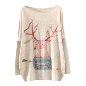 Christmas Deer Print Long Sleeve Scoop Neck Sweater