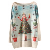 Christmas Tree Scoop Neck Long Sleeve Little Girl Print Sweater