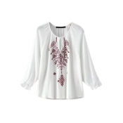 Scoop Neck Long Sleeve White Embroidery Blouse