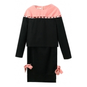 Round Neck Color Block Top with Tube Bow Midi Skirt