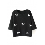 Round Neck Little Horses Print 3/4 Length Sleeve Sweater