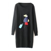 Round Neck Long Sleeve Longline Character Print Sweater