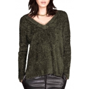 V-Neck Long Sleeve Plain Pullover Sweater