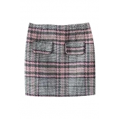 Plaid Houndstooth Print Faux Pockets Tweed Skirt