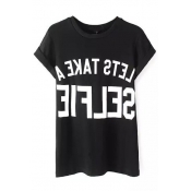Round Neck Letter Print Short Sleeve Pullover Tee