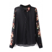 Black Floral Print Button Down Chiffon Shirt