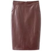 High Waist Plain Zip Back Pencil PU Midi Skirt