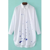 Button Down Long Sleeve Curved Hem White Ink Point Print Shirt