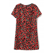 Round Neck Short Sleeve Red Leopard Print Mini Dress