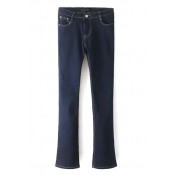 Zipper Fly Dark Washed Blue Plain Mid Waist Flared Jeans